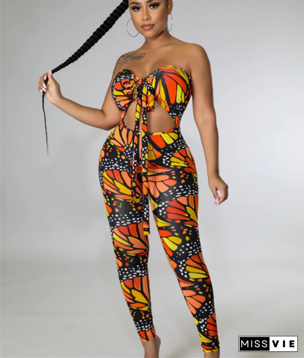 Butterfly Print Backless Halter Bodycon Jumpsuit