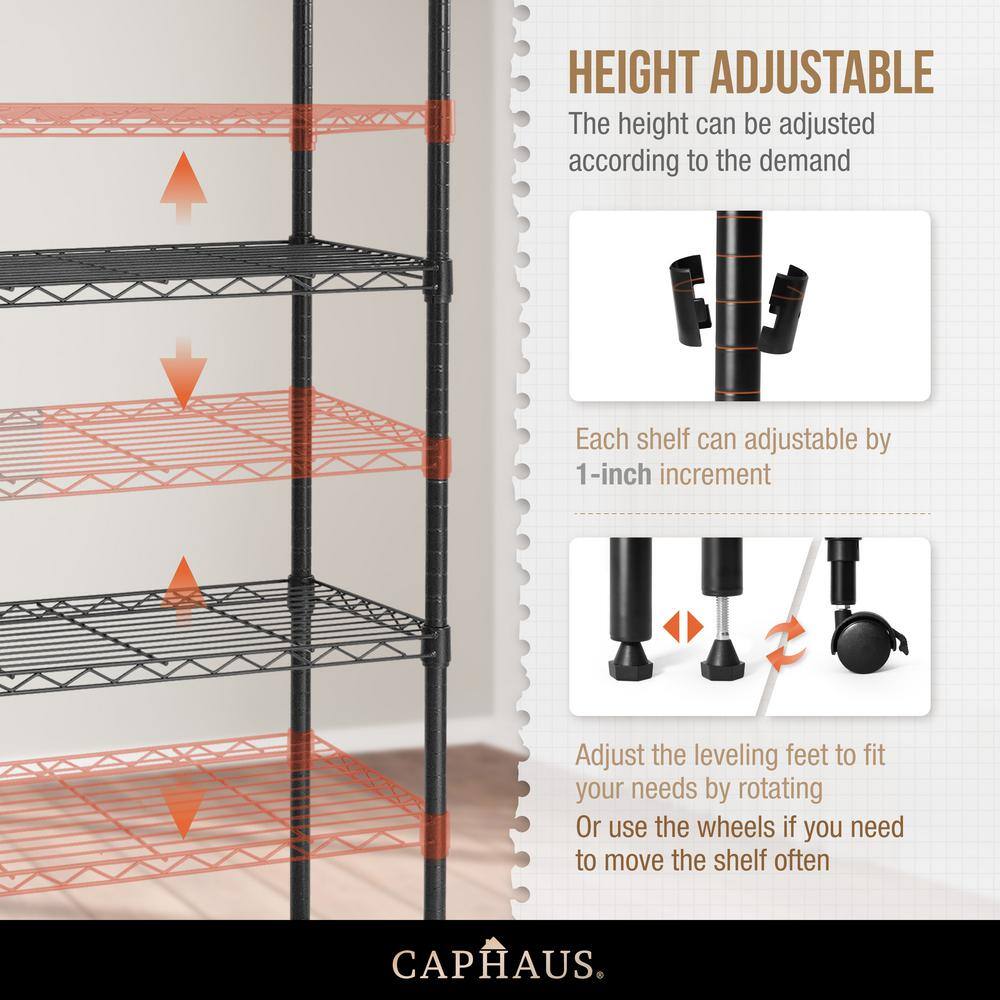 CAPHAUS Black 5-Tier Adjustable Height Welded Garage Storage Shelving Unit with LinerWheels (30 in. W x 61 in. H x 14 in. D) RWW-CH30145WL-BK