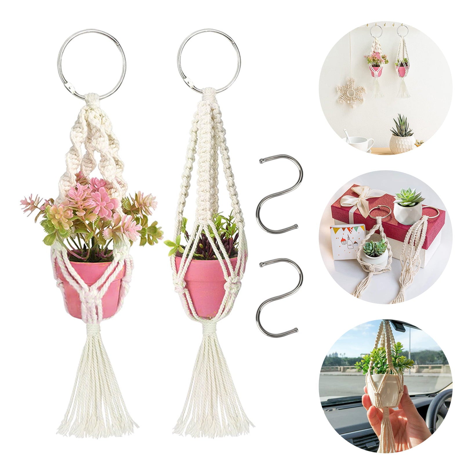 EEEkit 2pcs Mini Macrame Plant Hangers with Hooks, Cute Hanging Rearview Mirror Charms, Small Hanging Car Plant Stands, Cotton Rope Planter Baskets, Decorative Flower Pot Holders