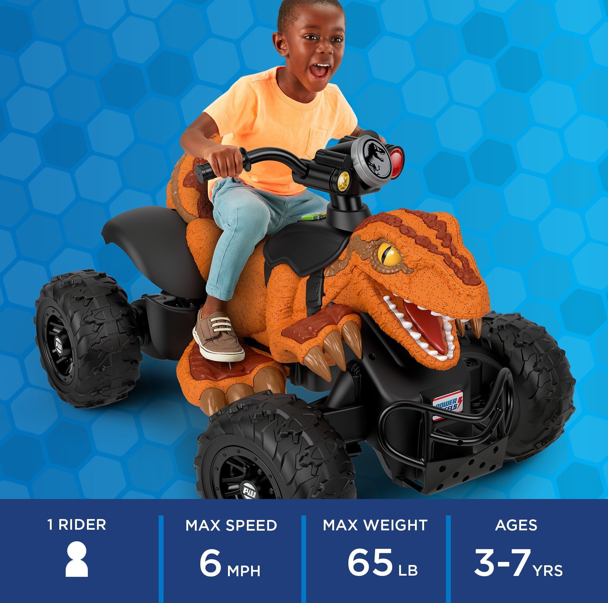 Power Wheels Jurassic World Dino Racer Battery-Powered Ride-On ATV Dinosaur Toy, Orange