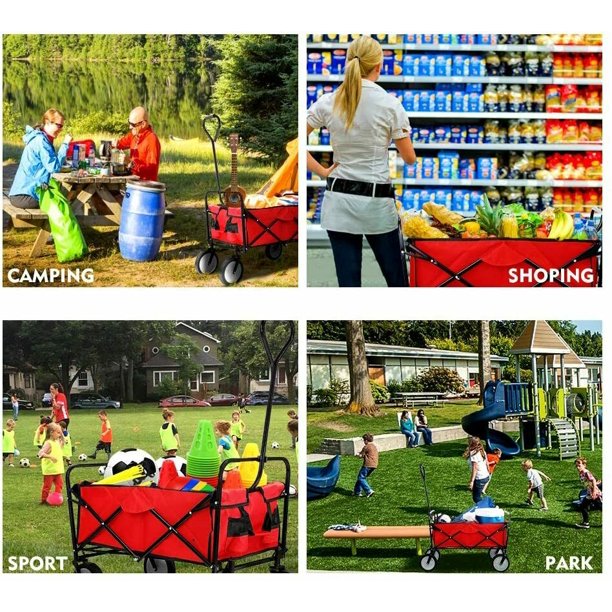 CINAK Heavy Duty Garden Cart, Collapsible Folding Outdoor Utility Wagon, Beach Soccer Field Garden Backyard Shopping Camping Cart, Red