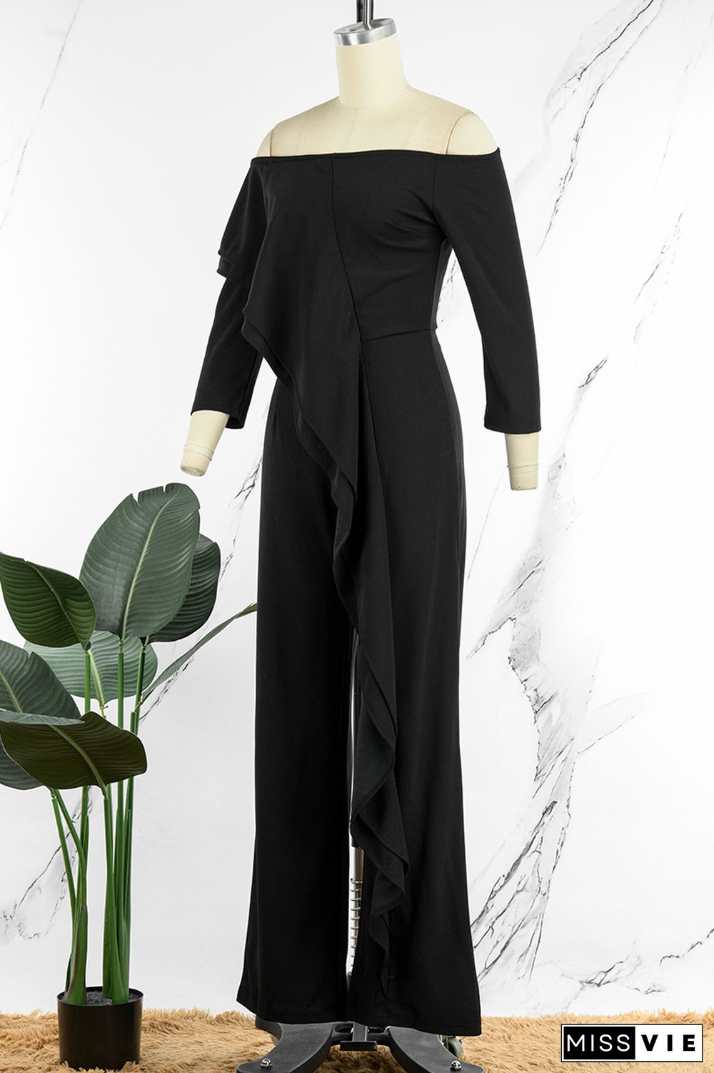 Black Casual Solid Patchwork Flounce Off the Shoulder Straight Jumpsuits