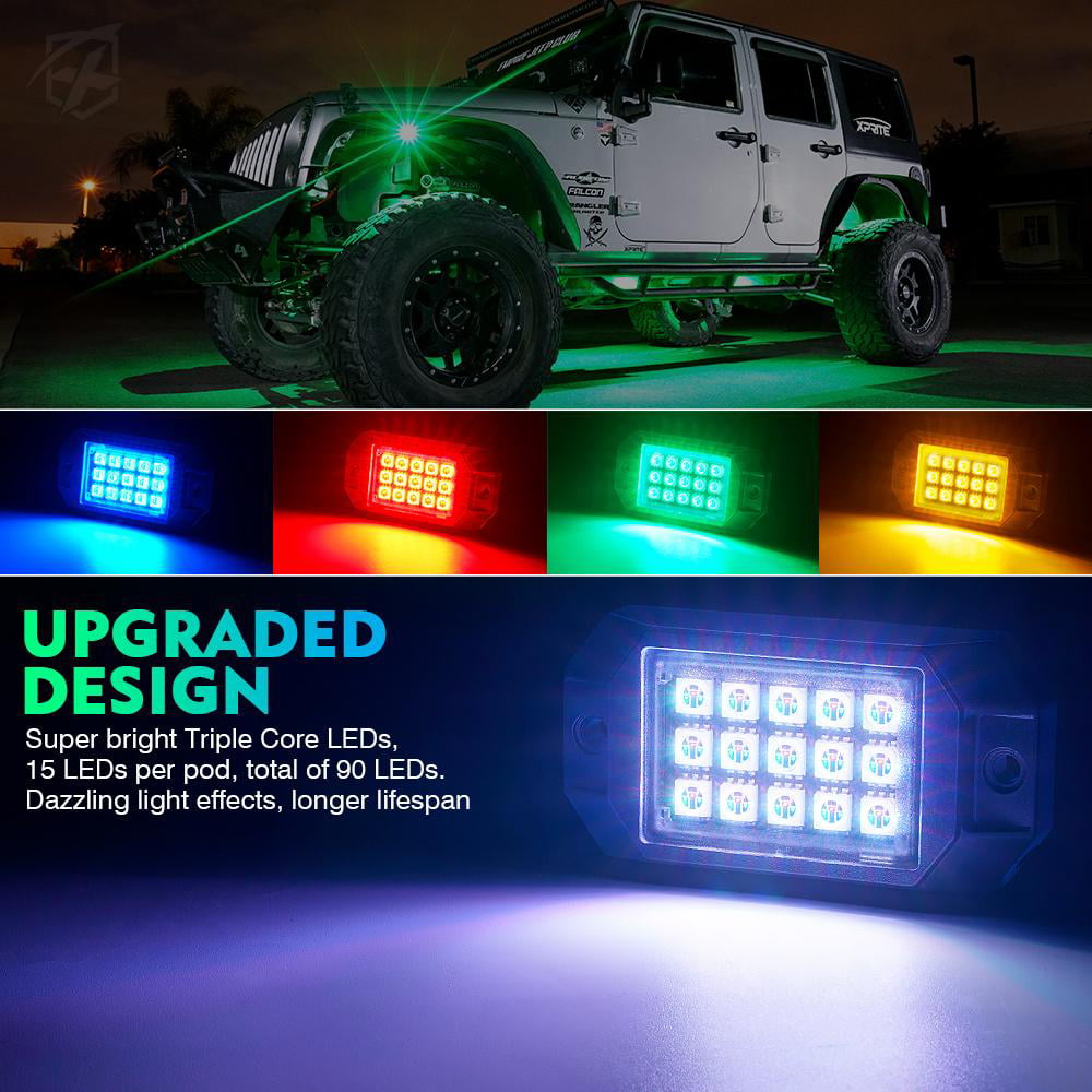 Xprite Discovery Series Multi-Color RGB LED Rock Lights with Remote Control and Bluetooth Options - 10PC