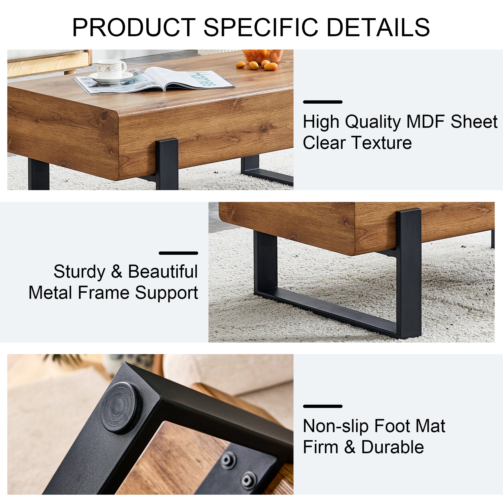 Industrial Coffee Table with Metal Legs Rustic MDF Coffee Table