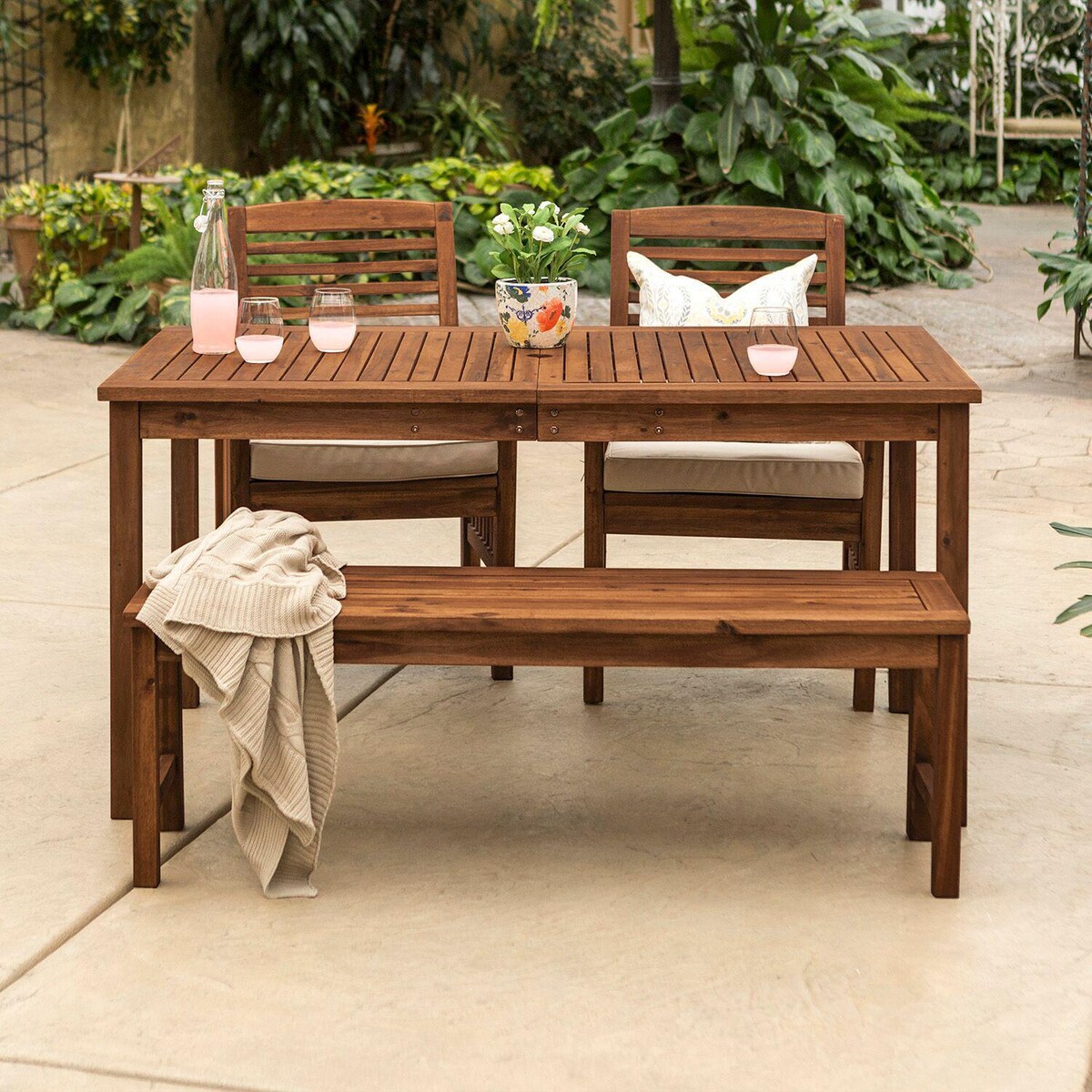 Ultimate Patio Horizon Way 4 Piece Dark Brown Acacia Patio Dining Set W/ 60 X 34 Inch Rectangular Table and Natural Cushions