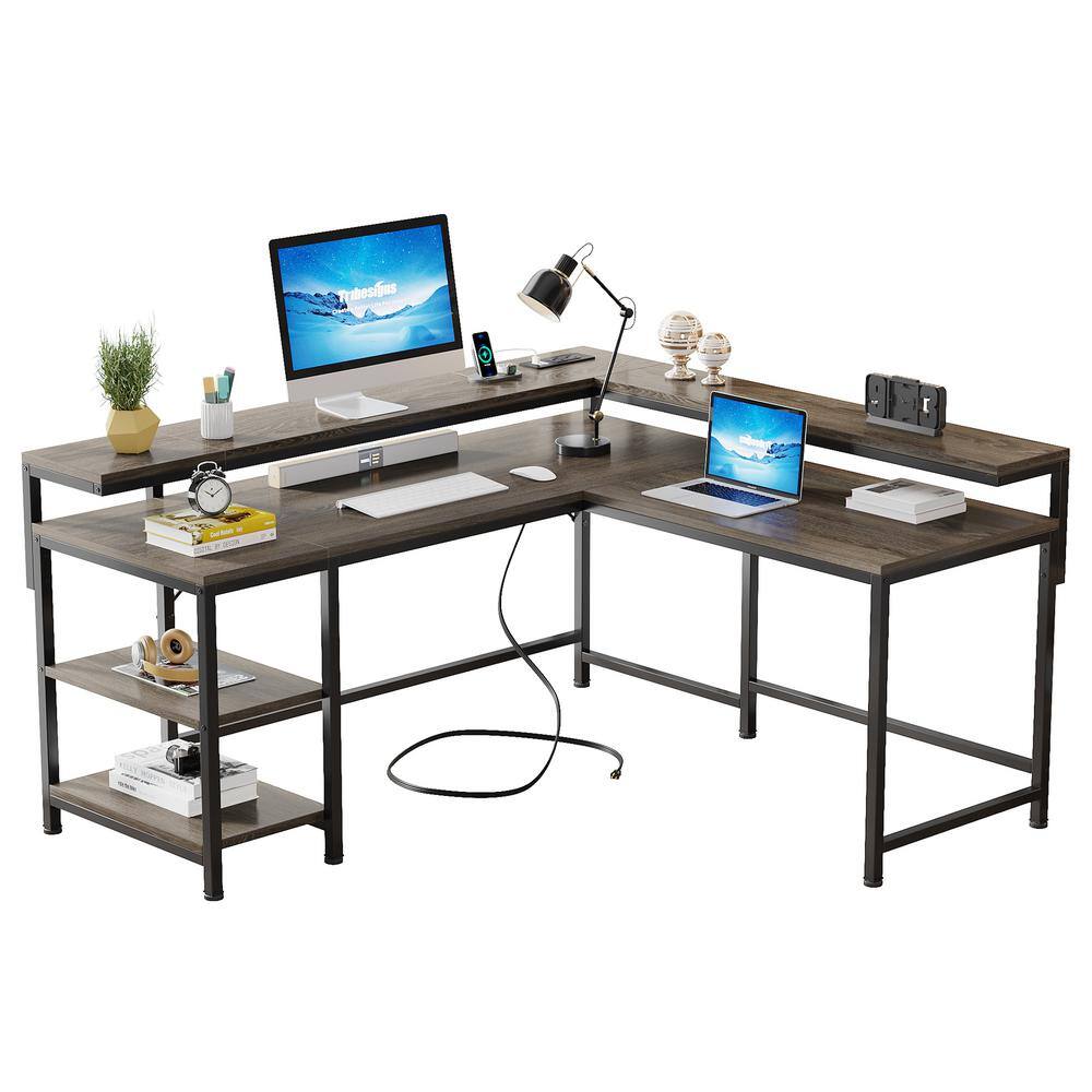 Tribesigns Lantz 59 in. L-Shaped Gray Wood Computer Desk with Power Outlets and Storage Shelves for Home Office TJHD-JW0450-HYF