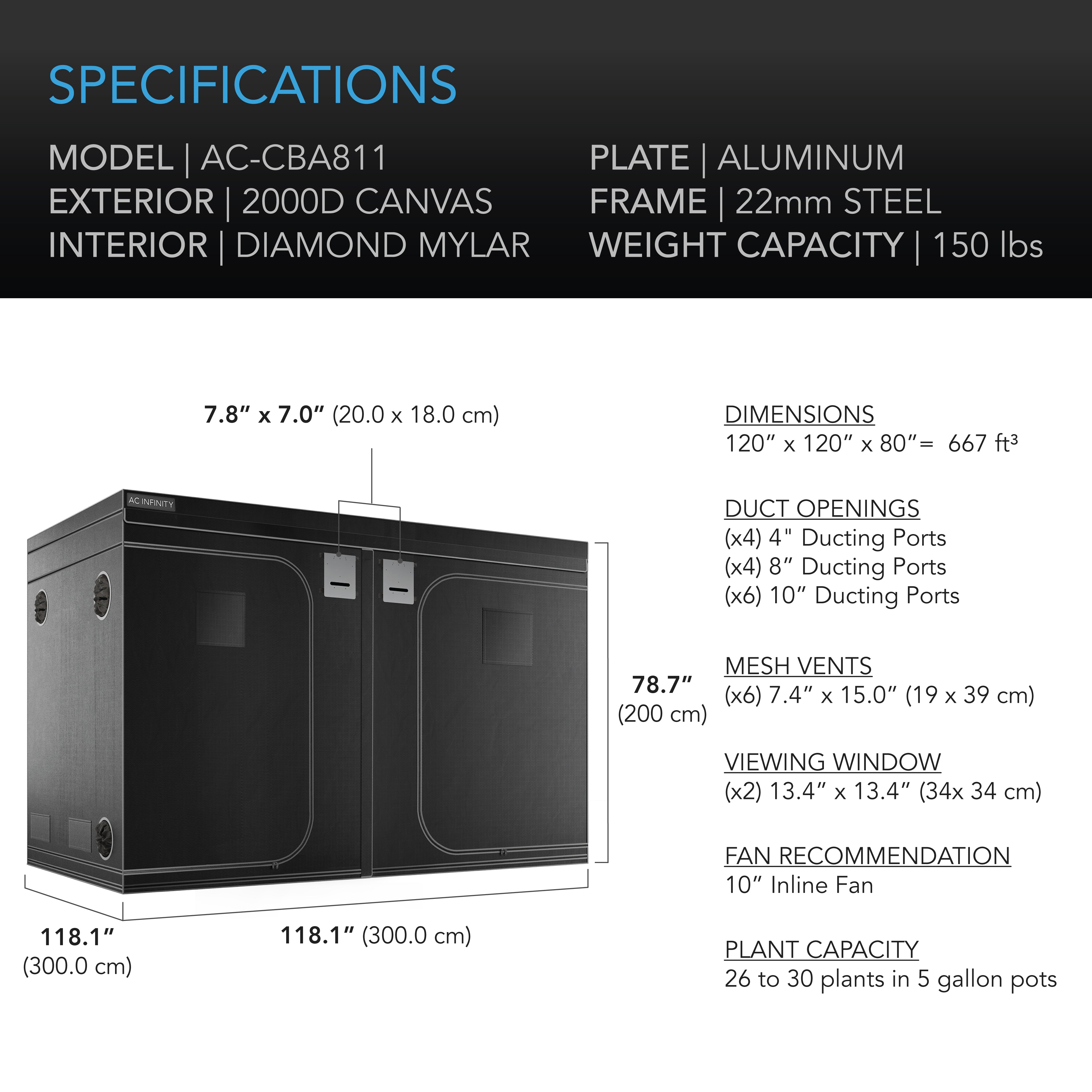 AC Infinity CLOUDLAB 811 Advance Grow Tent， 10x10 with Thicker 1 in. Poles， Higher Density 2000D Diamond Mylar Canvas， Controller Mount for Hydroponics Indoor Growing， 120? x 120? x 80?