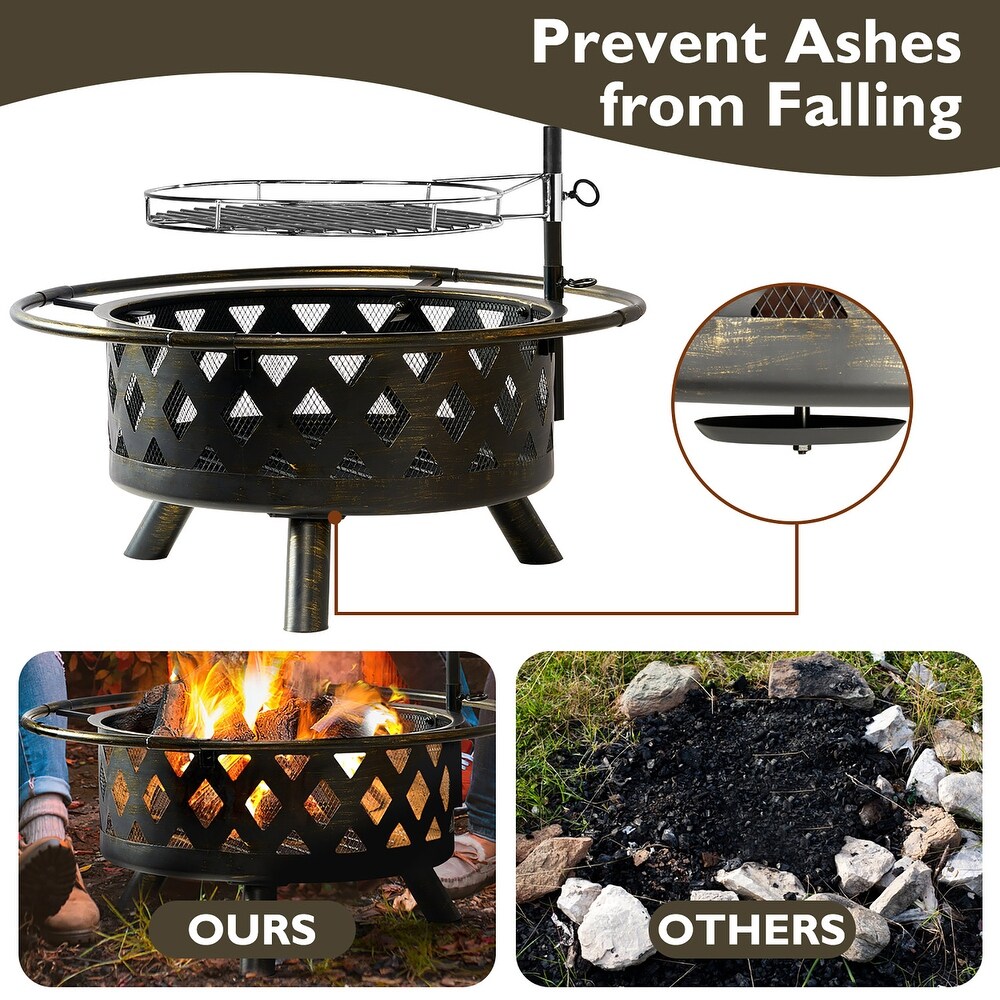 Aoxun 2 in 1 Fire Pit with Grill Outdoor Wood Burning