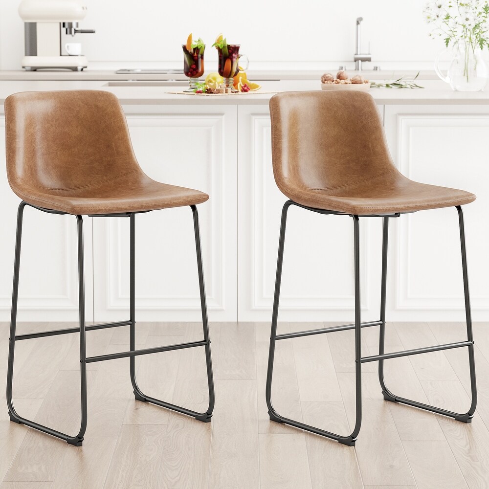 Counter Height Bar Stools Set of 2 PU Leather Barstools with Metal Leg