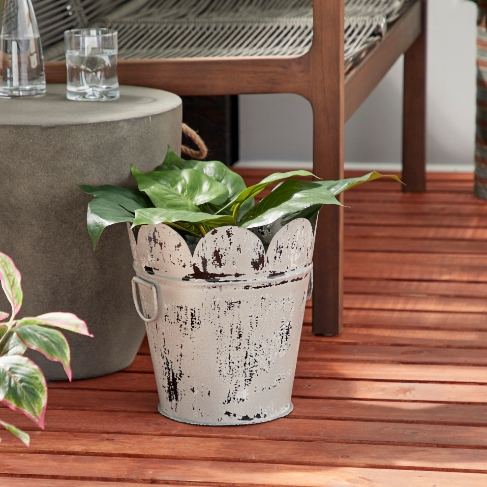 Farmhouse Style Distressed White Metal Scalloped Bucket Planter with Handles   Farmhouse   Outdoor Pots And Planters   by Brimfield  ampMay  Houzz