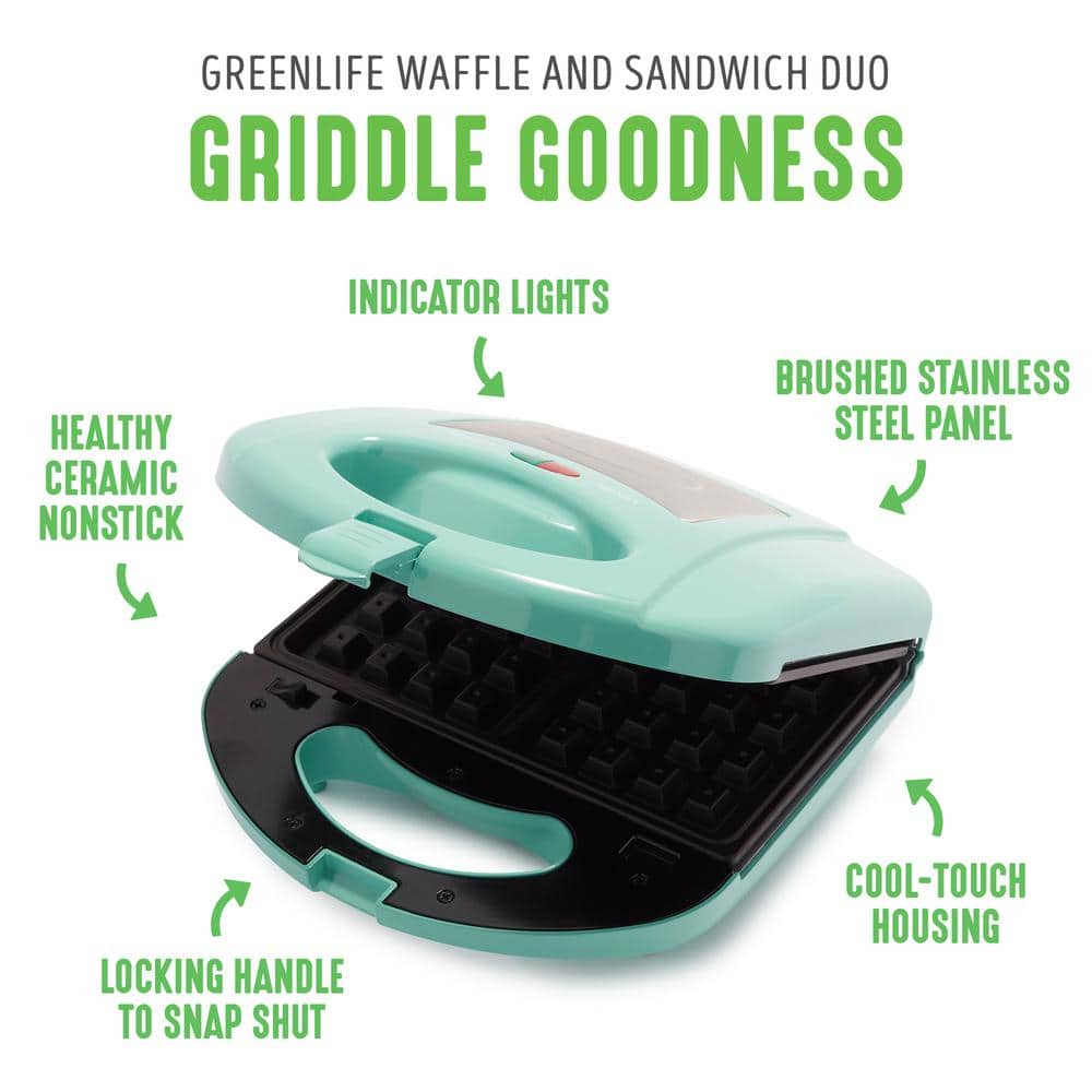 GreenLife Healthy Ceramic Nonstick Turquoise Waffle and Sandwich Duo CC005823-001