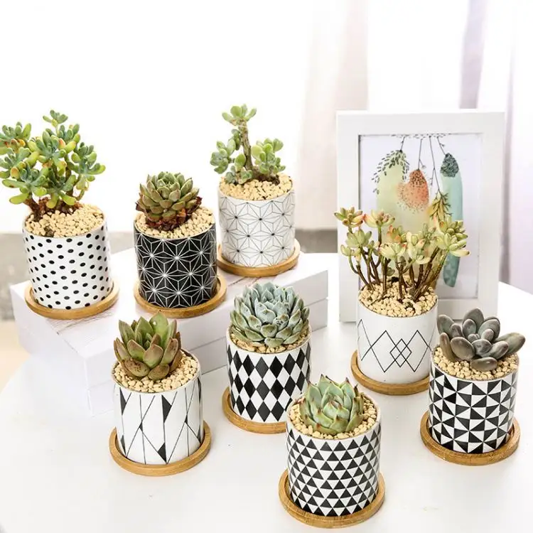 Garden Supplies Unique Planter Plant Pot Black White Geometry Pattern Small Home Desktop Ceramics Flower Pot/