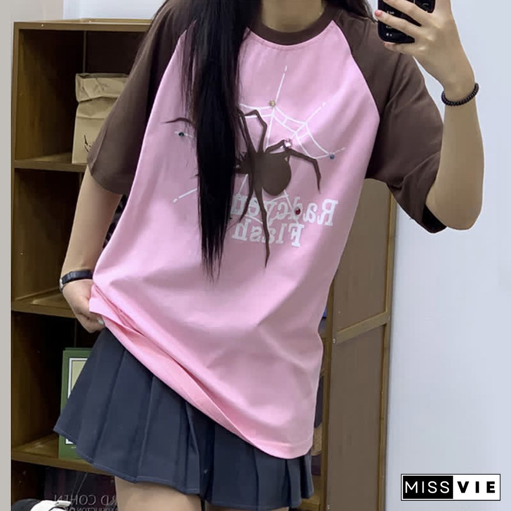 Letter Spider Print Round Collor Colorblock T-Shirt