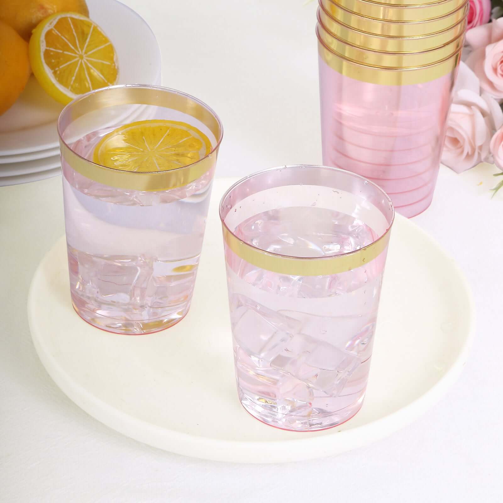 25 Pack Transparent Blush Crystal Plastic Tumbler Drink Glasses With Gold Rim, Disposable Party Cups 10oz