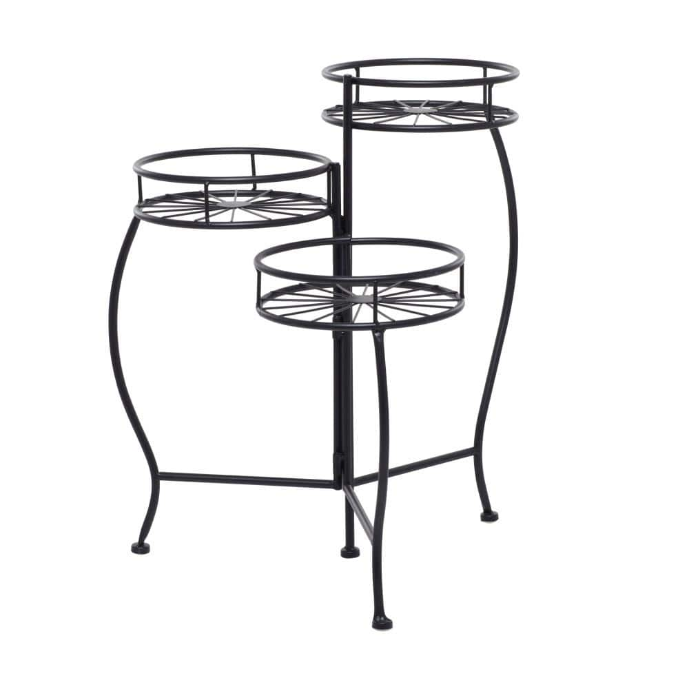 Litton Lane 22 in. Black Round Metal Sunburst Plantstand with 3-Tiers 040548