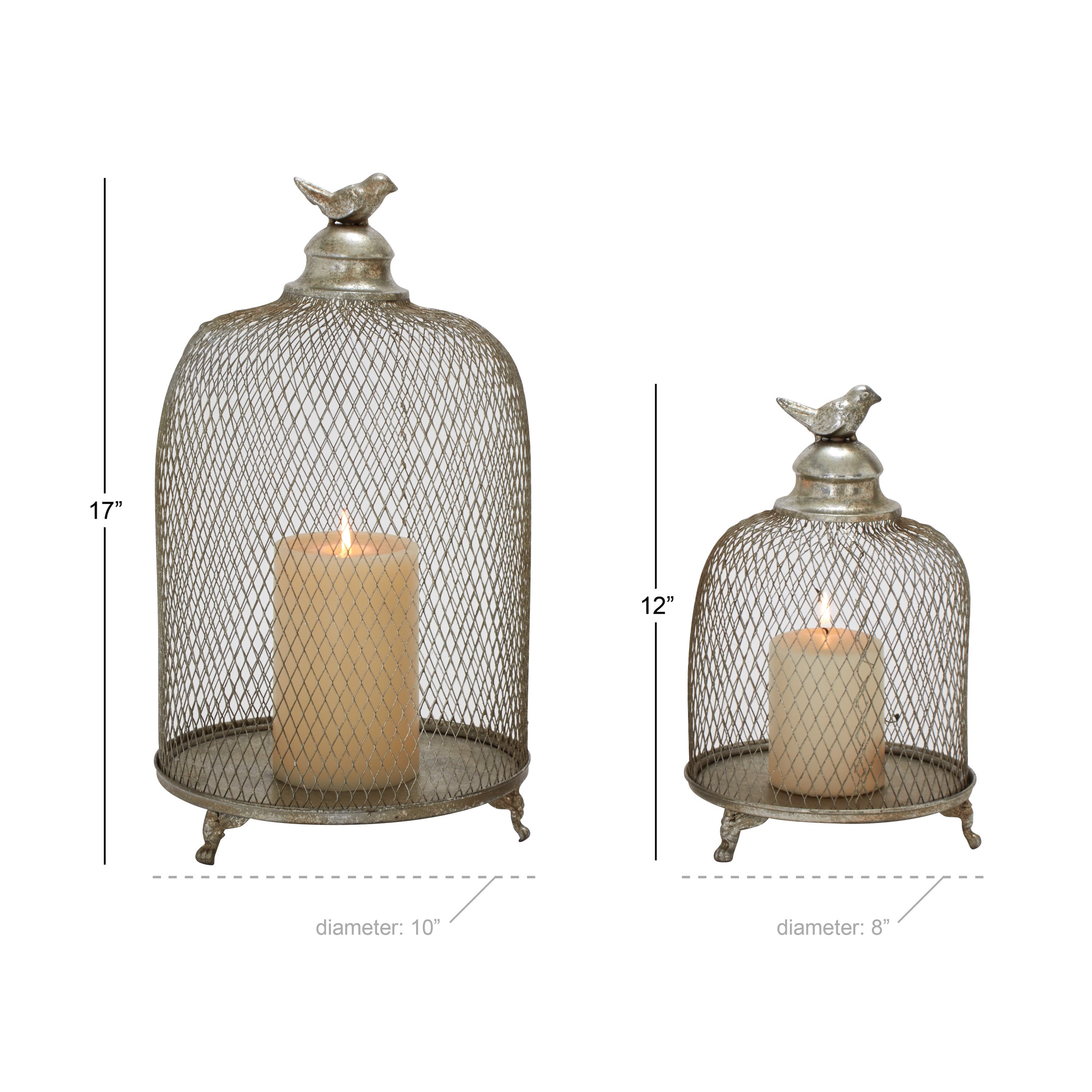 DecMode 2 Holder Silver Metal Bird Cage Style Cloche Candle Lantern with Elevated Stand， Set of 2