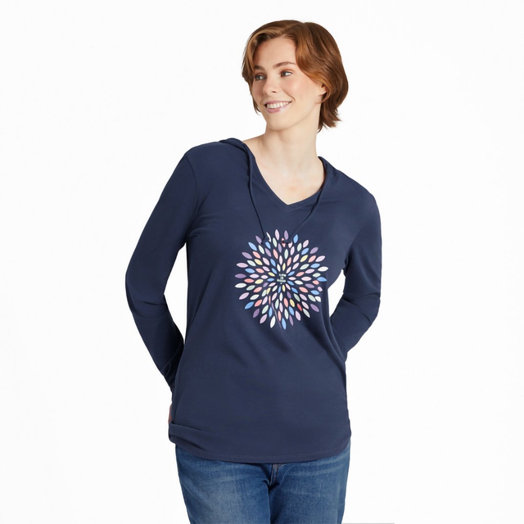 Life Is Good  Women's Pretty Flower Burst Long Sleeve Crusher-LITE Hooded Tee