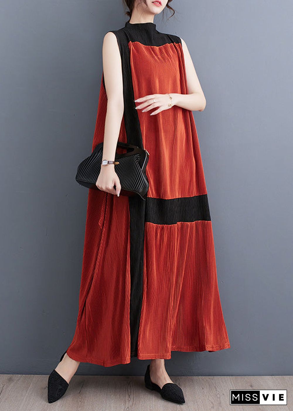 Casual Orange Turtleneck Patchwork Wrinkled Maxi Dress Sleeveless