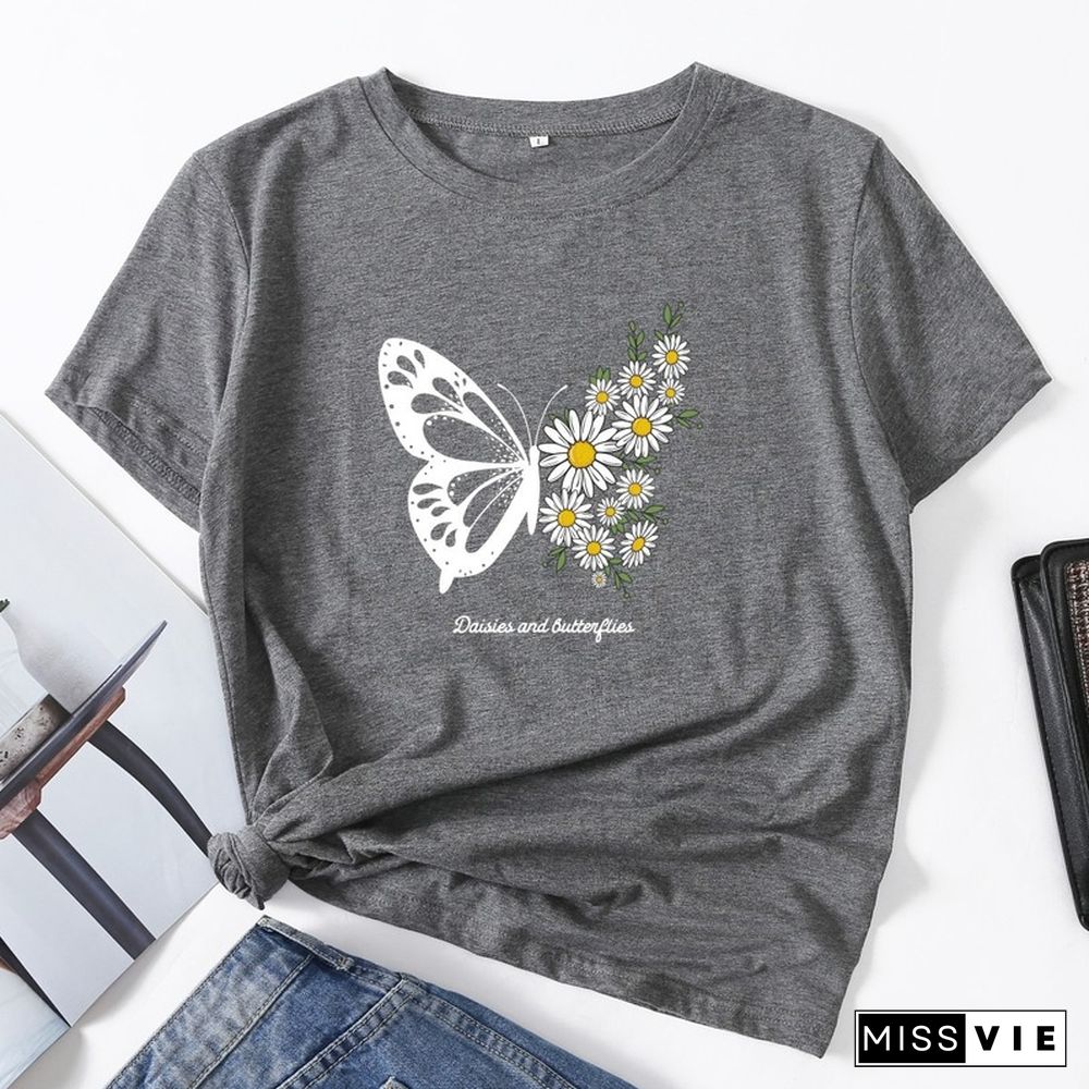 Summer Women Casual Short Sleeve T-shirt Butterfly Flower Print Female Fashion Graphic T Shirt Ladies Daily Loose O-Neck Tee Top