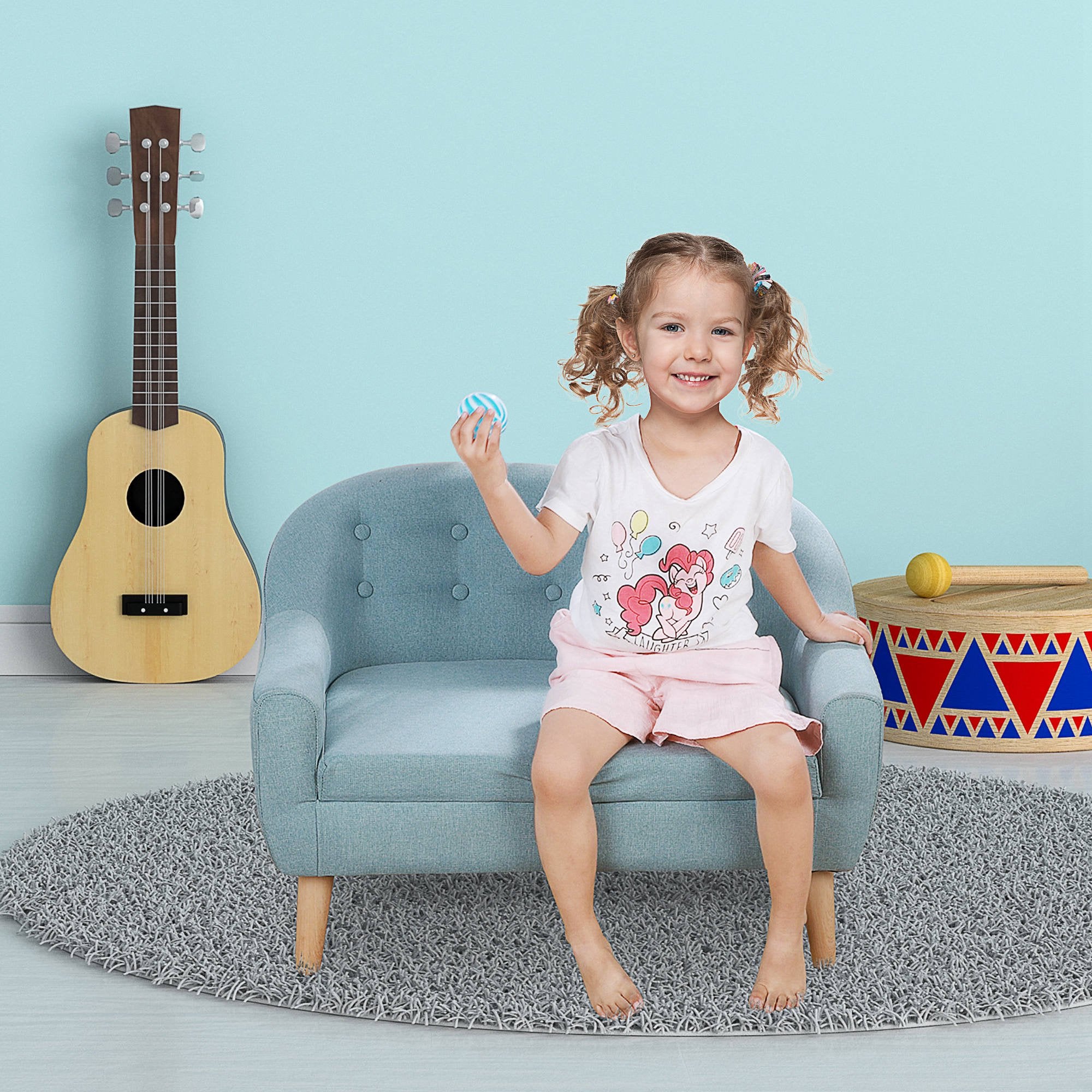 Qaba Toddlers Sofa Soft Seat Wooden Comfortable Kids Gift Blue