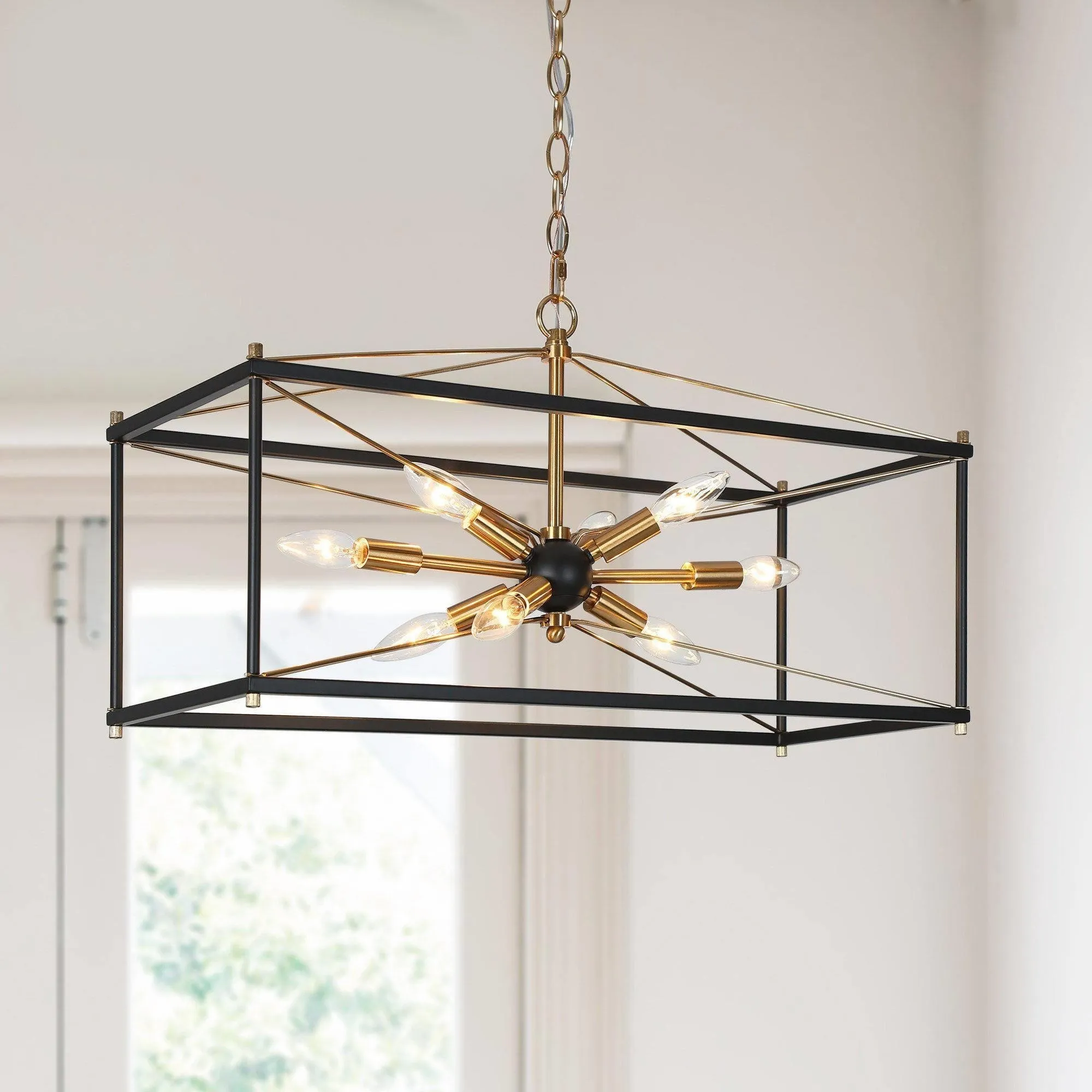 Leno Modern Farmhouse 8-Light Black Gold Rectangle Chandelier Starburst Island Lights for Dining Room