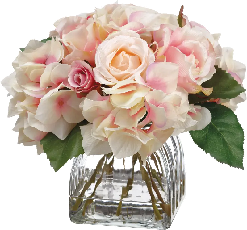 Fuchsia Pink Hydrangea and Rose Arrangement in Glass Vase