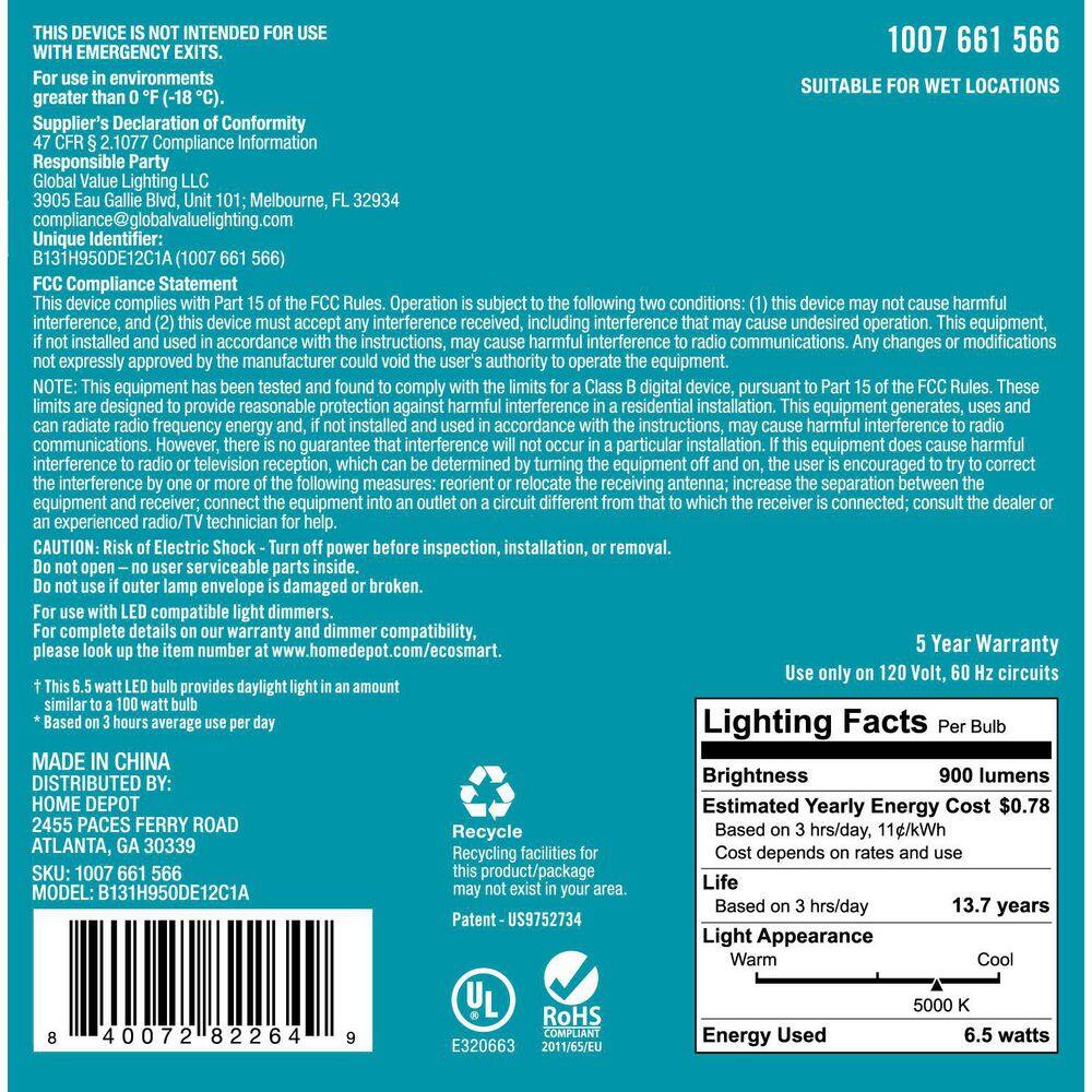 EcoSmart 100-Watt Equivalent B13 Dimmable Blunt Tip Clear Glass Candelabra Base LED Vintage Edison Light Bulb Daylight (3-Pack) B131H950DE12C1A