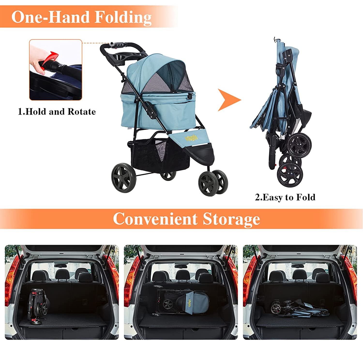 Pet Strollers for Small Medium Dogs and Cats， Folding Dog Stroller Traveling Strolling Cart with 3-Wheel and Removable Liner and Storage Basket， Light Blue