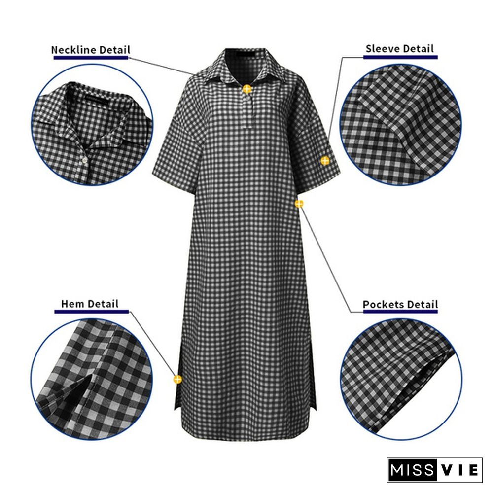 Women Half Sleeve Collared Kaftan Casual Grid Printed Button Down Plus Size Long Maxi Shirt Dress