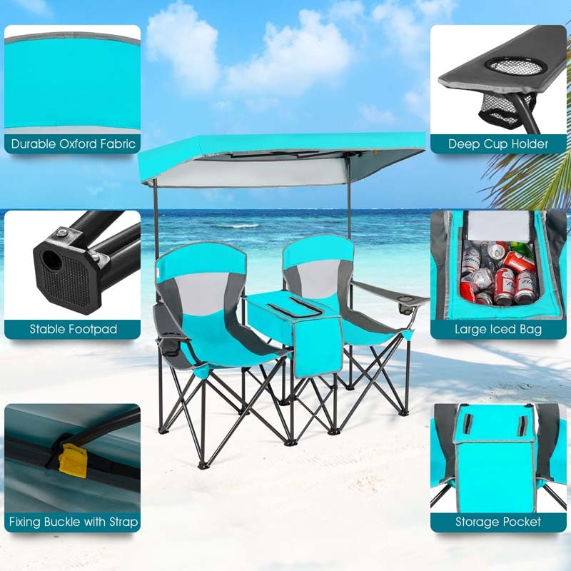 Double Sunshade Camping Canopy Chair with Mini Table, Cup Holder, Portable Folding Beach Chair with Canopy