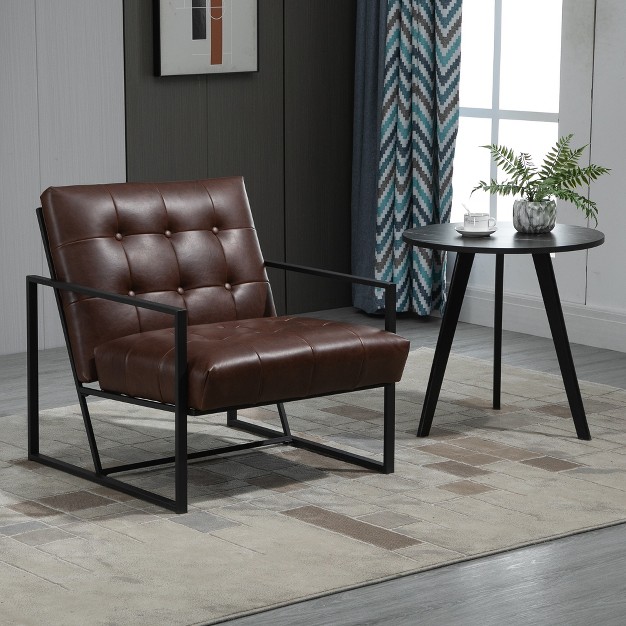 Homcom Mid century Modern Accent Chair Faux Leather Sofa Button Tufted Armchair With Metal Frame Brown