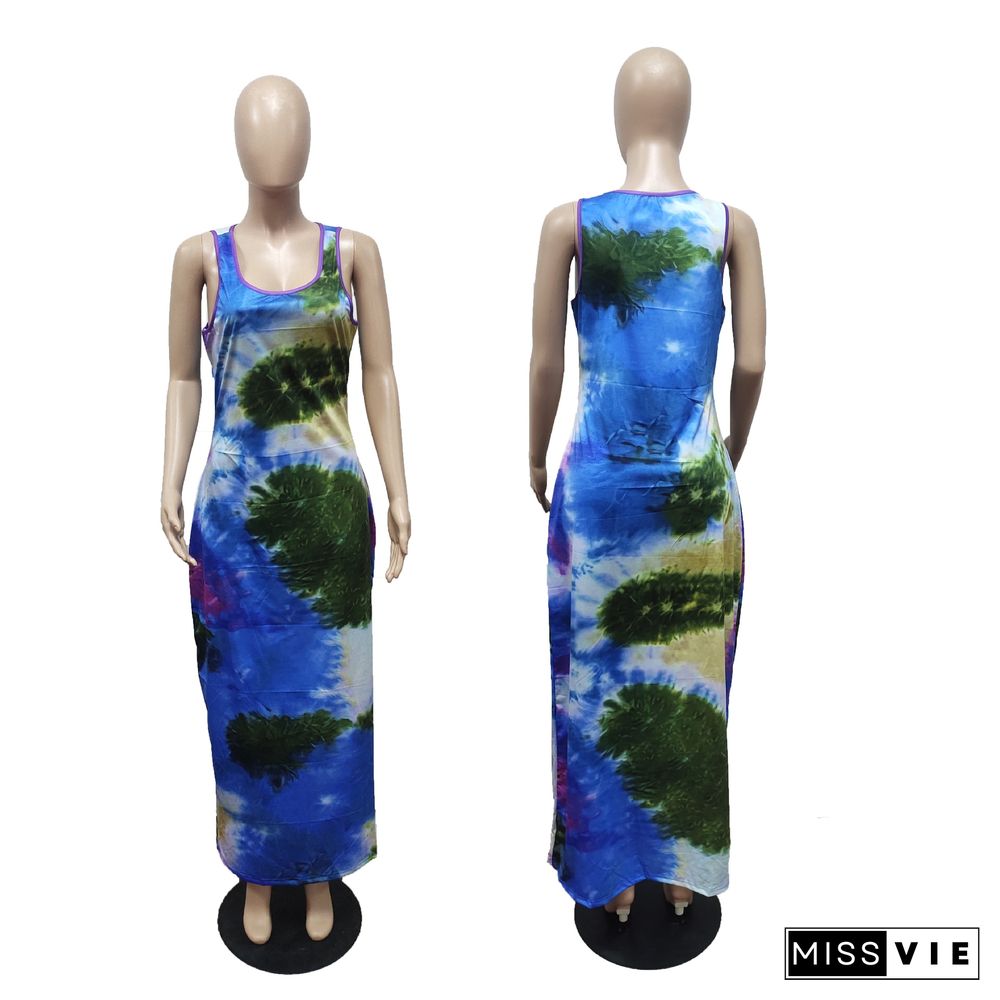 Tie Dye Sleeveless O Neck Plus Size Maxi Dress