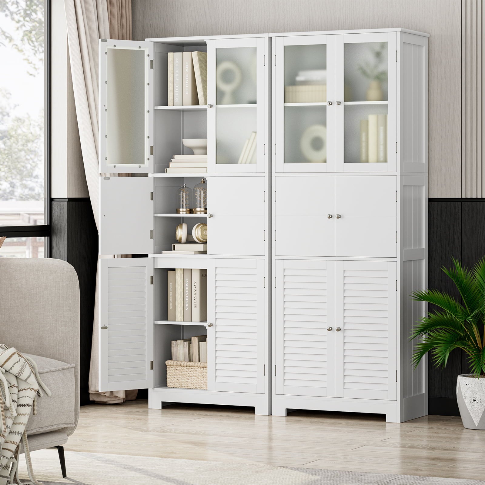 Homfa 6 Doors Linen Storage Cabinet, Wood Tall Cabinet Cupboard for Bathroom, White