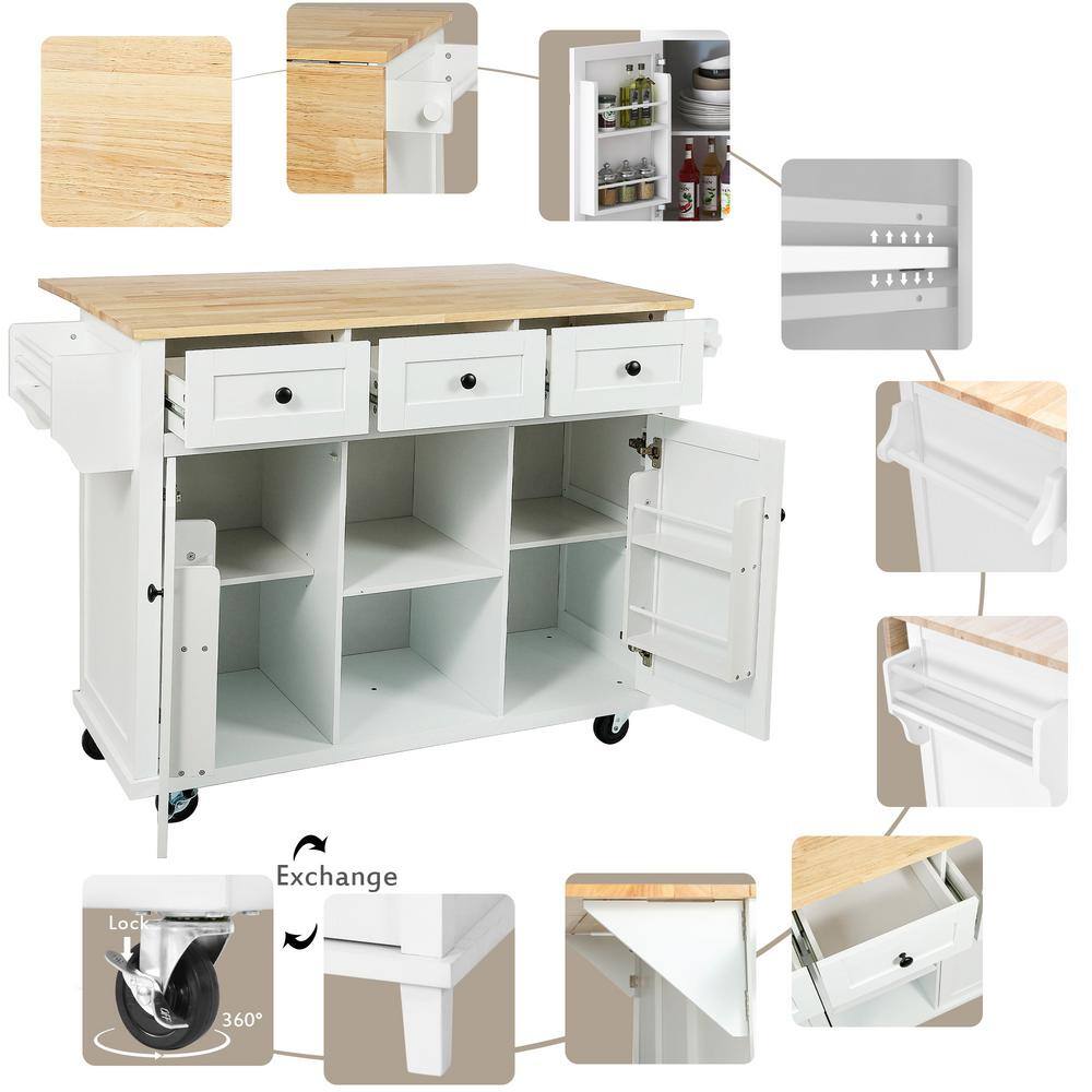 White Rubber Wood Desktop 53 in. W Kitchen Island on 5-Wheels with Storage Cabinet and 3-Drawers VJ026KIsland1