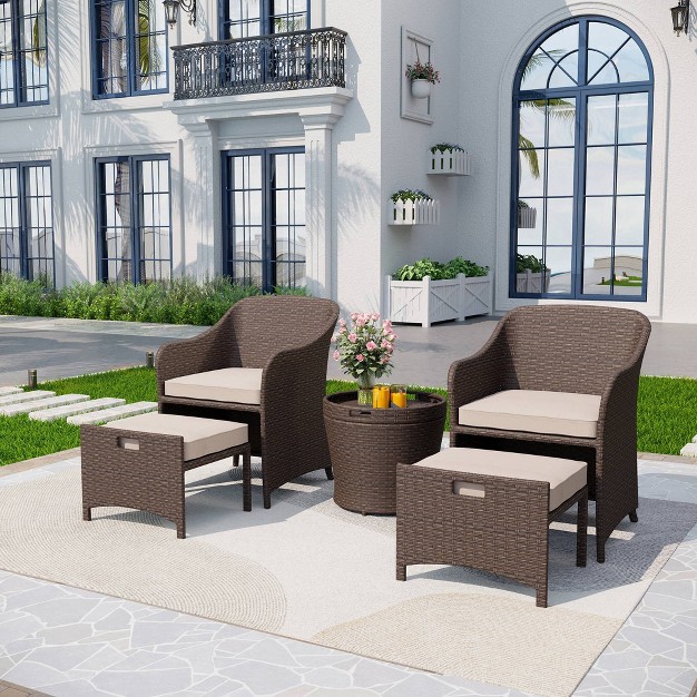 5pc Rattan Conversation Set With Chairs Ottomans amp Storage Side Table Captiva Designs