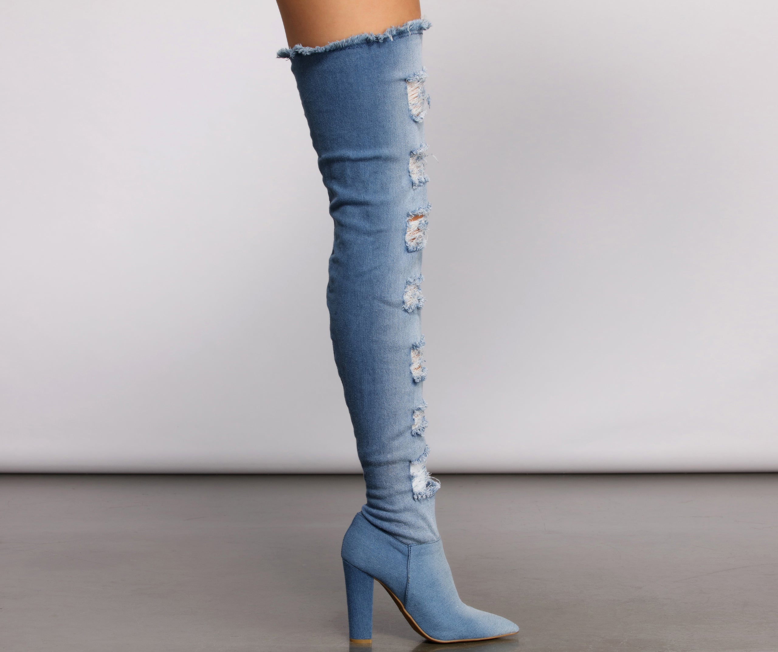 Destructed Denim Over The Knee Heeled Boots