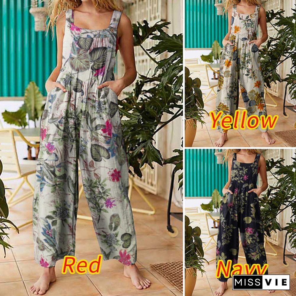 VONDA Women Floral Print Wide Leg Bib Overalls Long Trousers Summer Sleeveless Cotton Jumpsuits Rompers Plus Size Pantalon femme