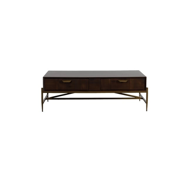 Cid 53 Inch Modern Coffee Table， Acacia Wood， 2 Drawer， Beveled Edge， Brown