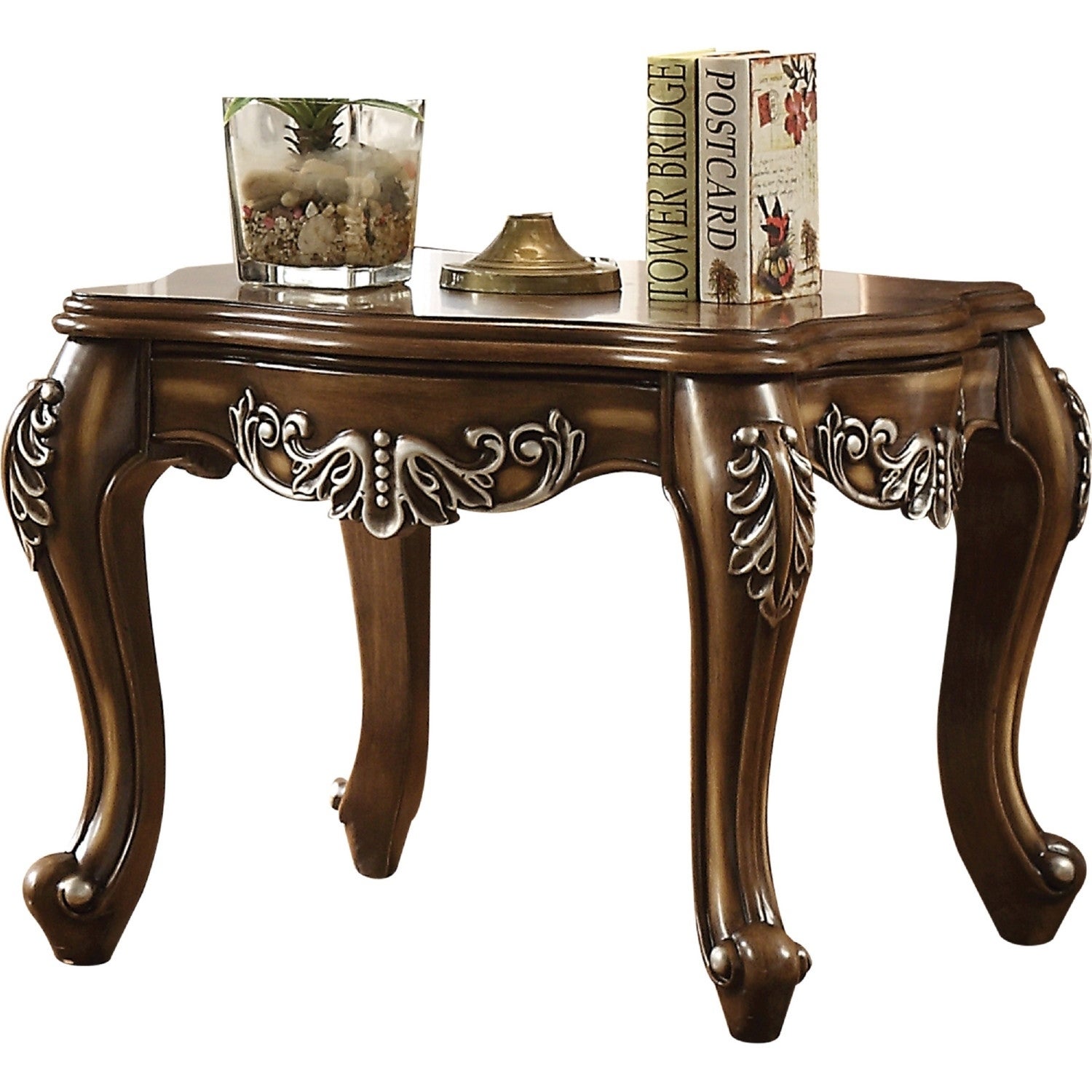 Wooden End Table with Fine Scrolled Work， Antique Oak Brown