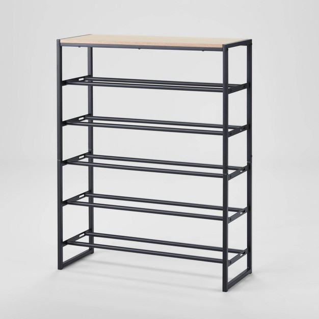 5 Tier Shoe Rack Black Metal With Natural Wood