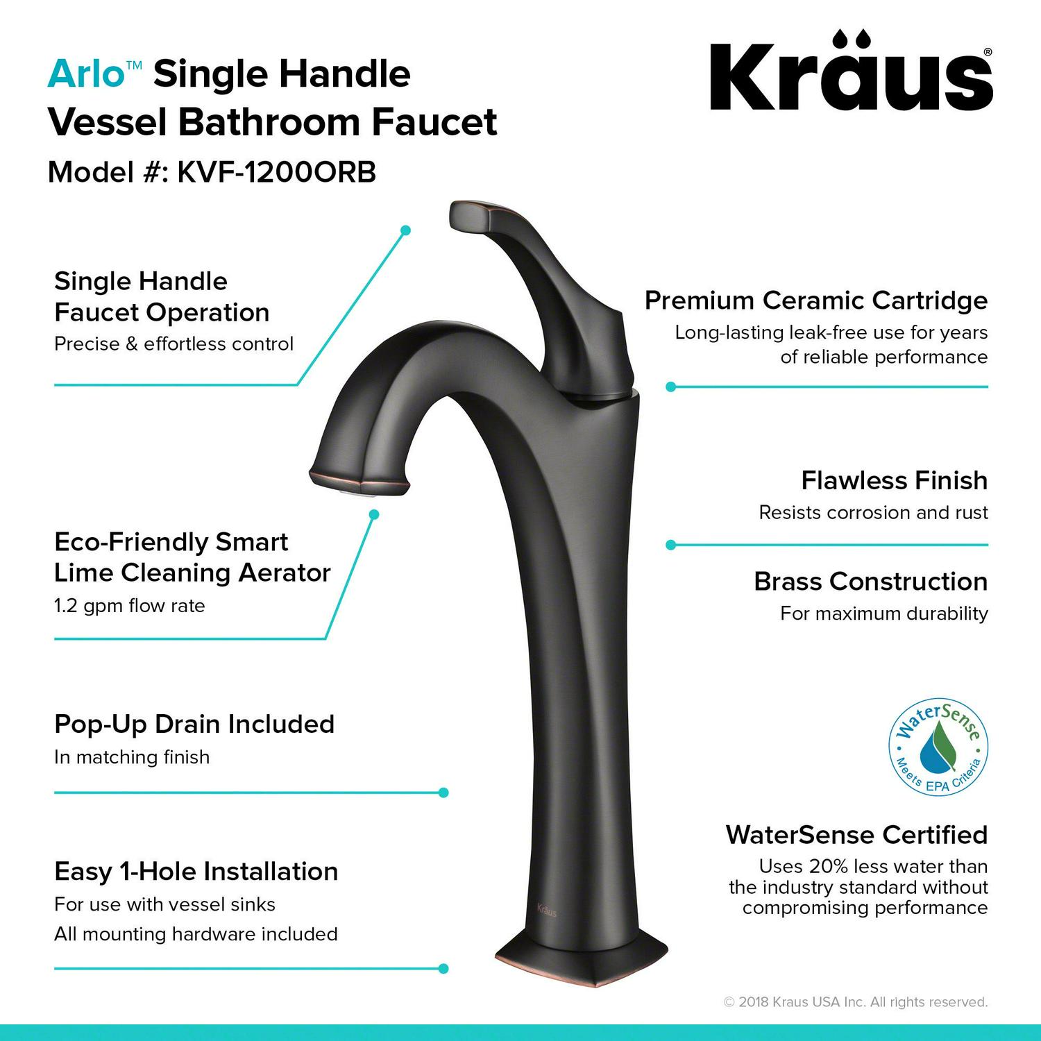 KRAUS Arlo Oil Rubbed Bronze Single Handle Vessel Bathroom Faucet with Pop Up Drain