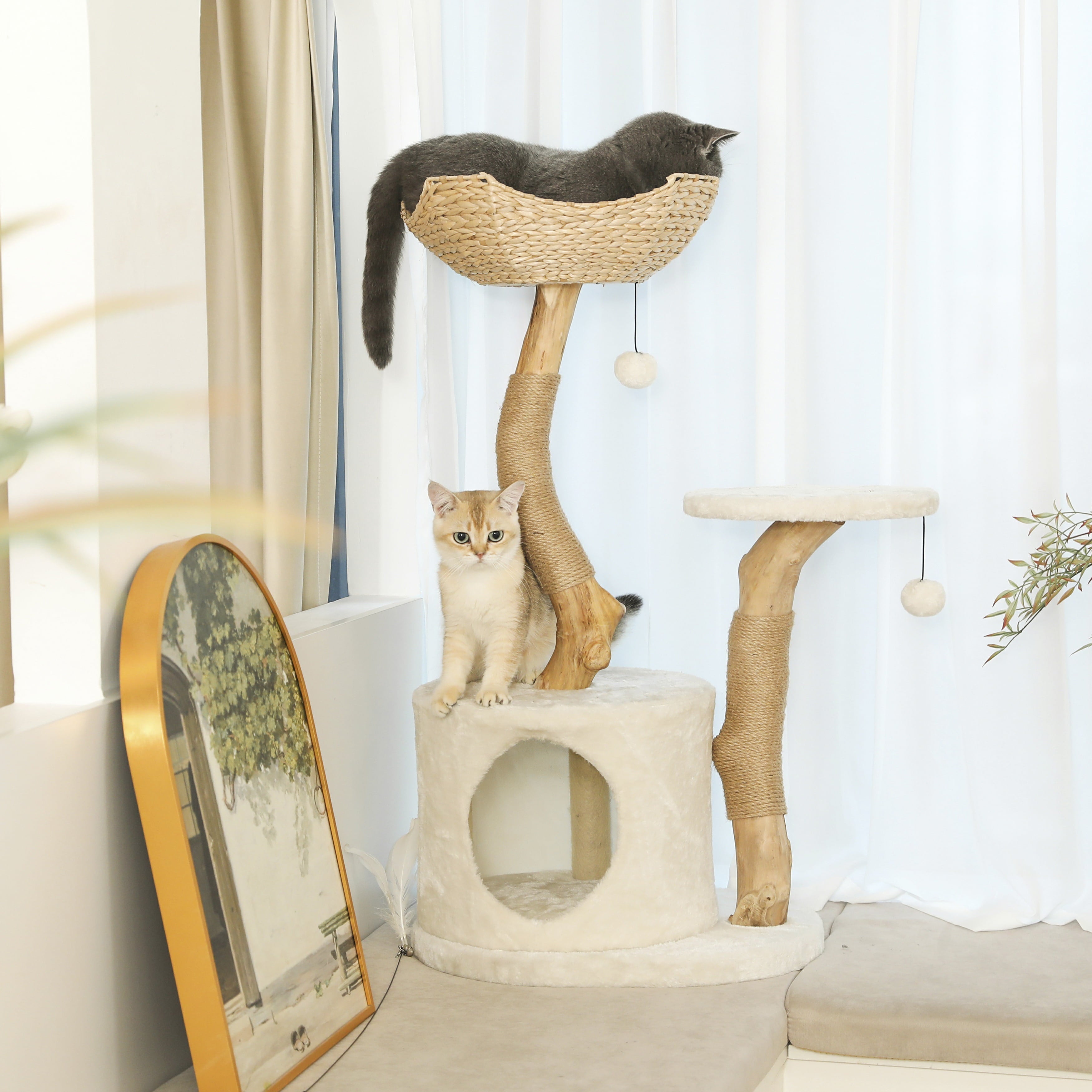 Konelcare Wood Cat Tree-Modern Cat Tower with Hiding Enclosure,White