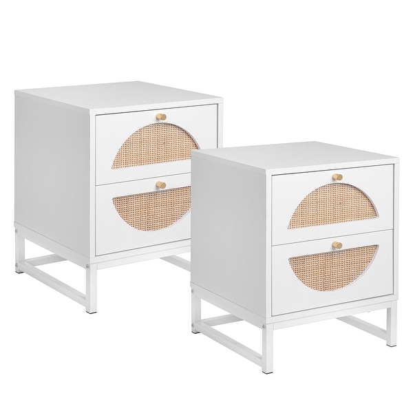 Allen 2 Drawer Nightstand Set of 2，White，Natural Rattan，Display Rack for Bedroom and Living Room