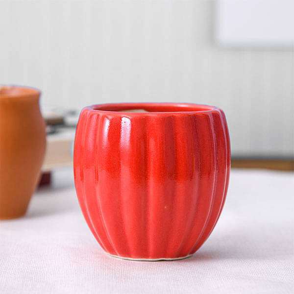 3.1 inch (8 cm) Vertical Ridges Pattern Round Ceramic Pot (Red) (set of 2)