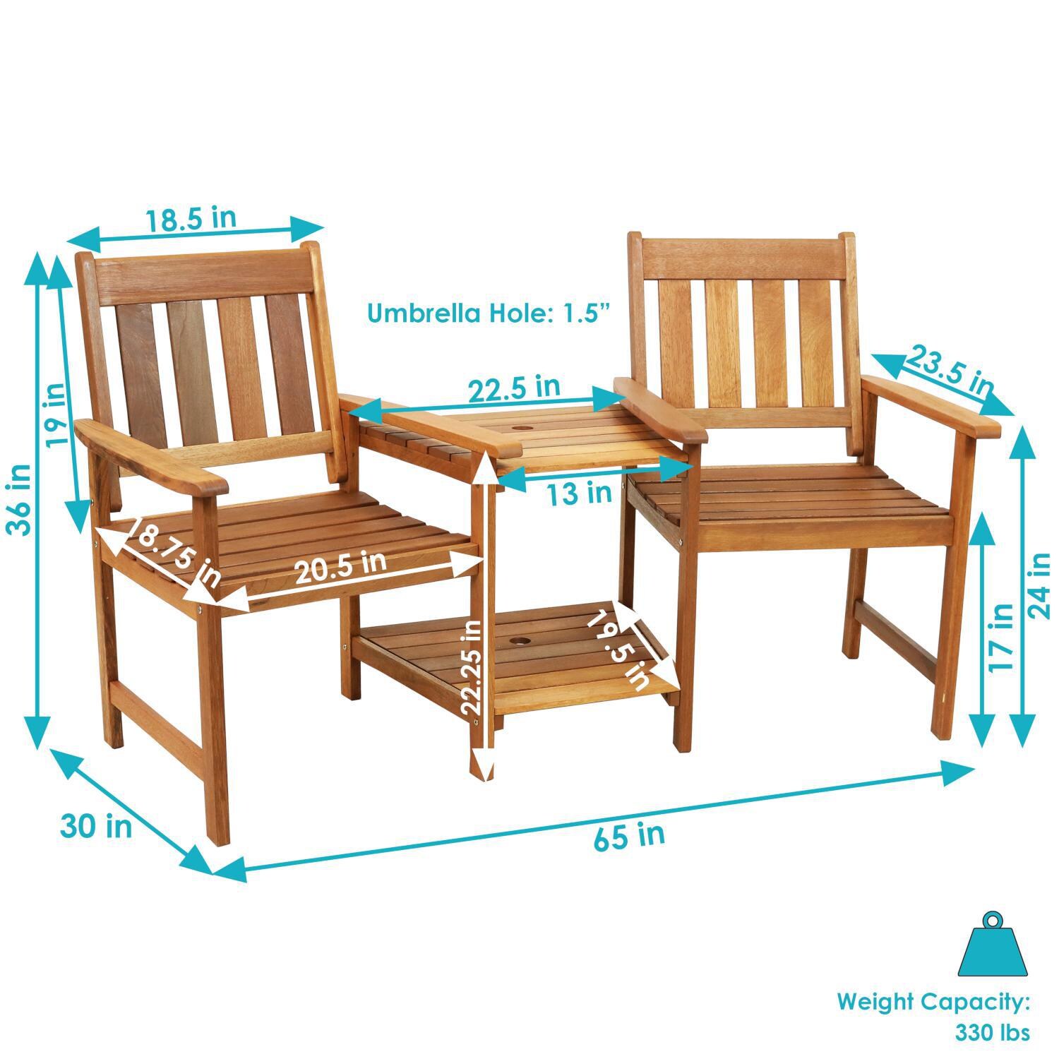 Ultimate Patio 65-Inch Meranti Wood Jack-and-Jill Chairs W/ Attached Table