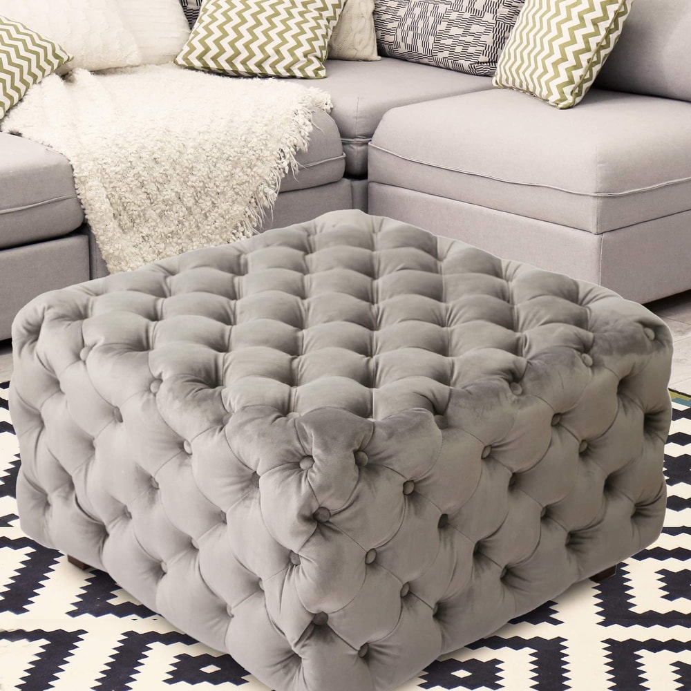 Adeco Grey Square Tufted Fabric Bench Footstool