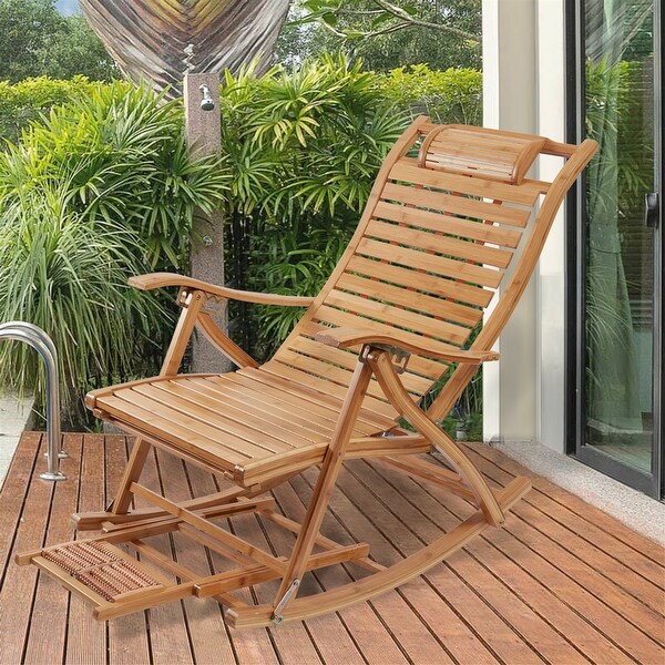 Large Bamboo Folding Rocking Chair Lounge Chair for Balcony Outdoor