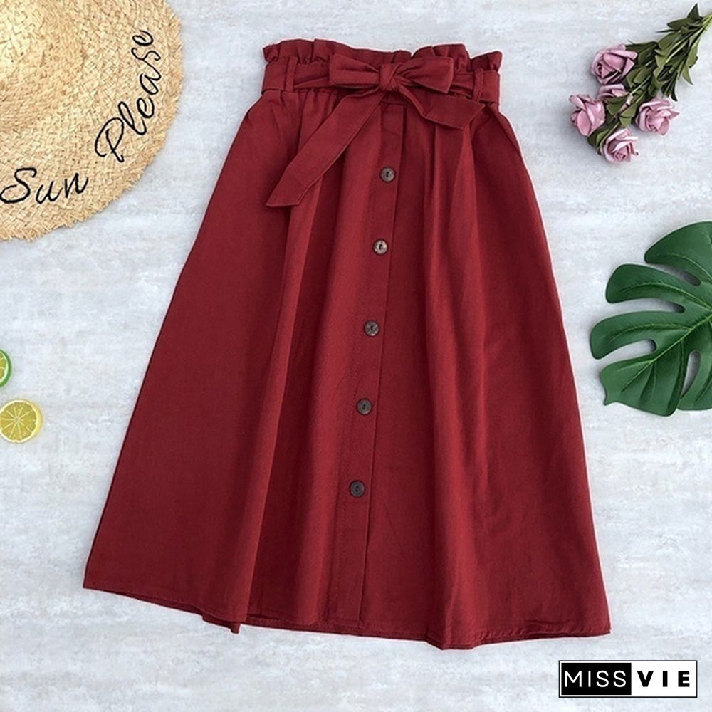 Women Skirts Fashion High Waist Skirt Women Spring Summer Midi Skirts Womens Elastic Waist Ladies Skirts With Belt