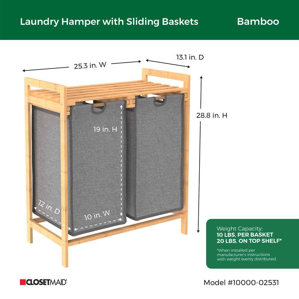 ClosetMaid Bamboo 2-Compartment Laundry Sorter Hamper with Sliding Baskets 10000-02531