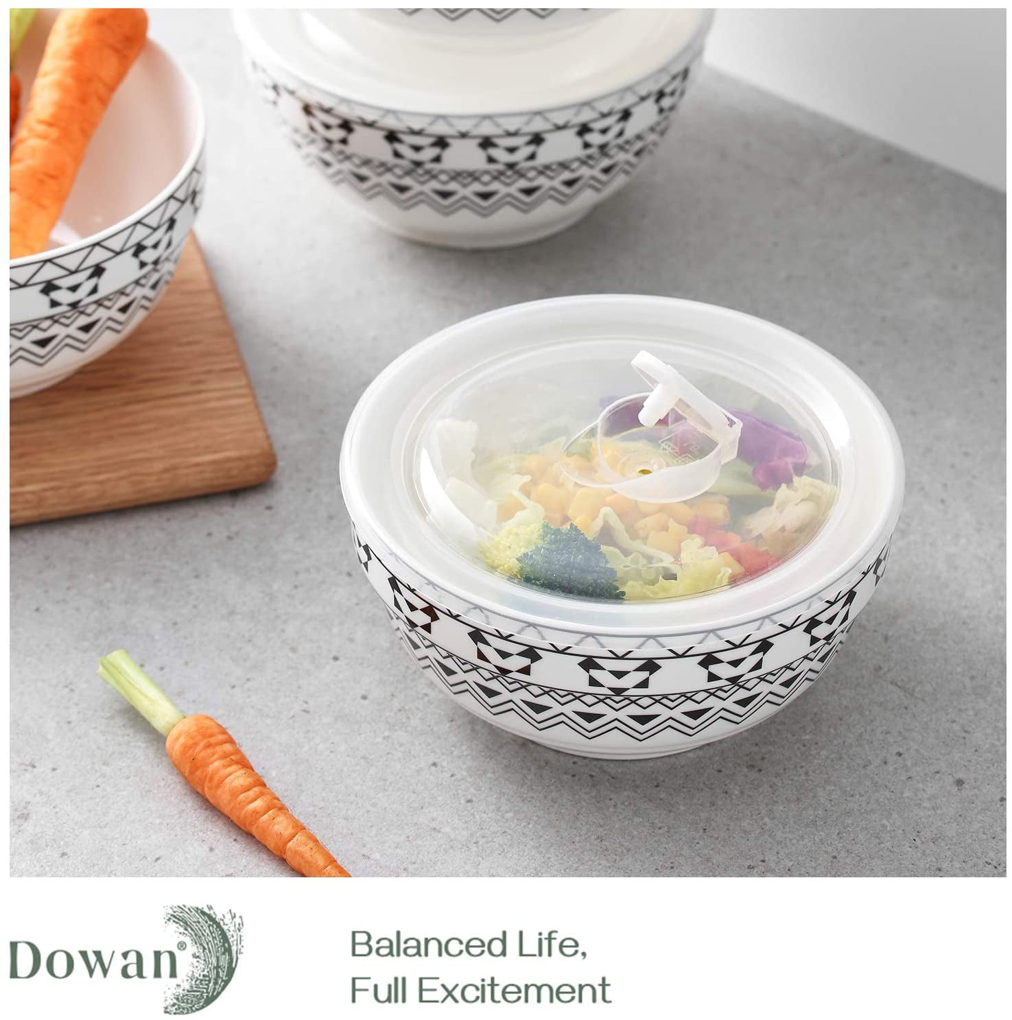 Dowan Porcelain Bowls Set with Lid， 22 oz Cereal Soup Bowls， Ceramic Food Storage Bowls， Dishwasher and Microwave Safe， Prep Bowls for Kitchen， Modern Bohemian Bowl for Oatmeal Rice Pasta Salad， 4 Pack